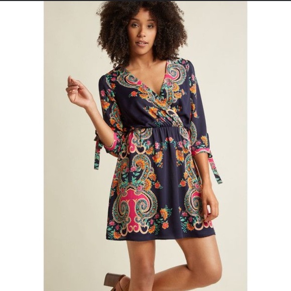 Everly Womens Navy Blue Long Sleeve Floral Paisley Dress Large - Picture 3 of 9